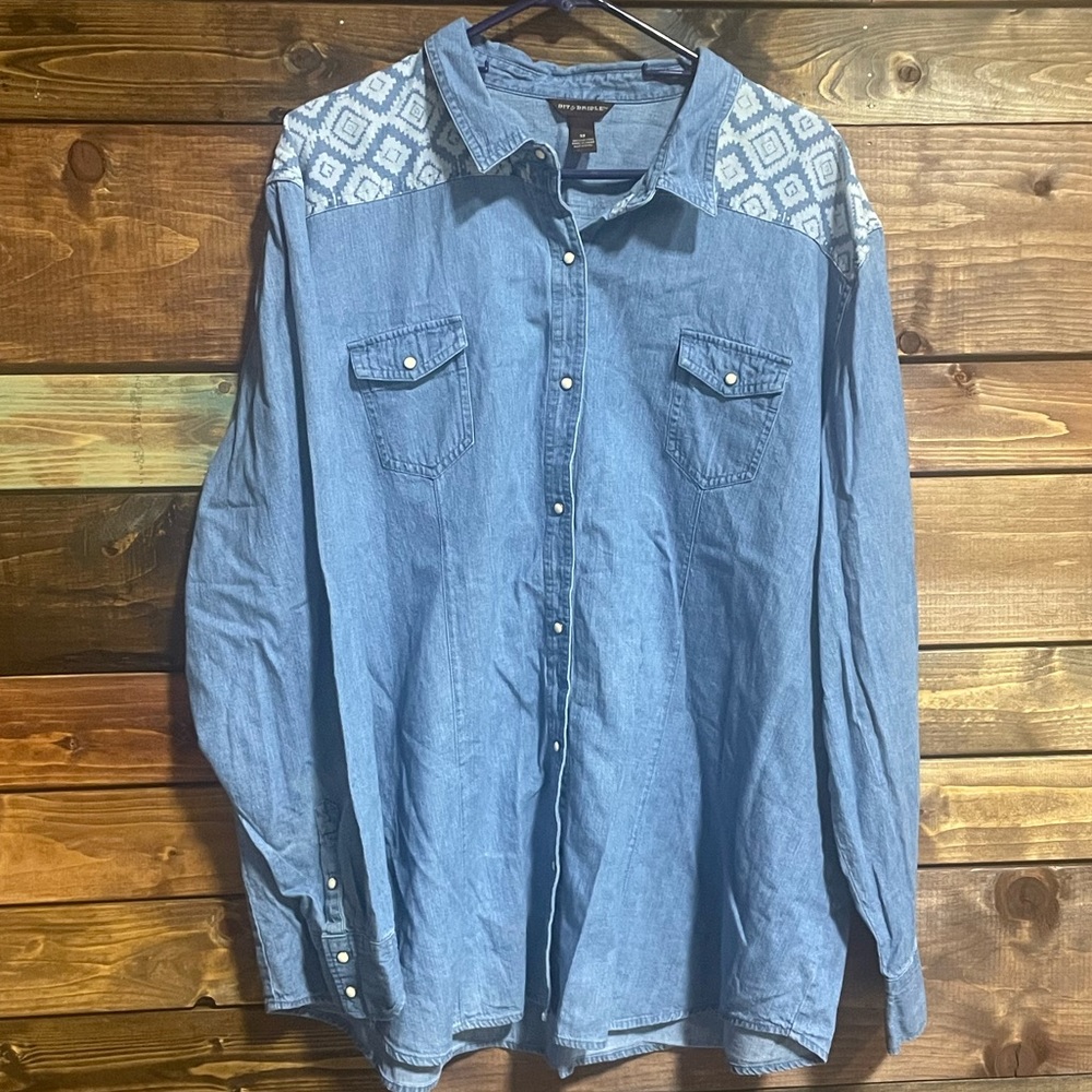 Denim Button Up Shirt with Aztec Print.